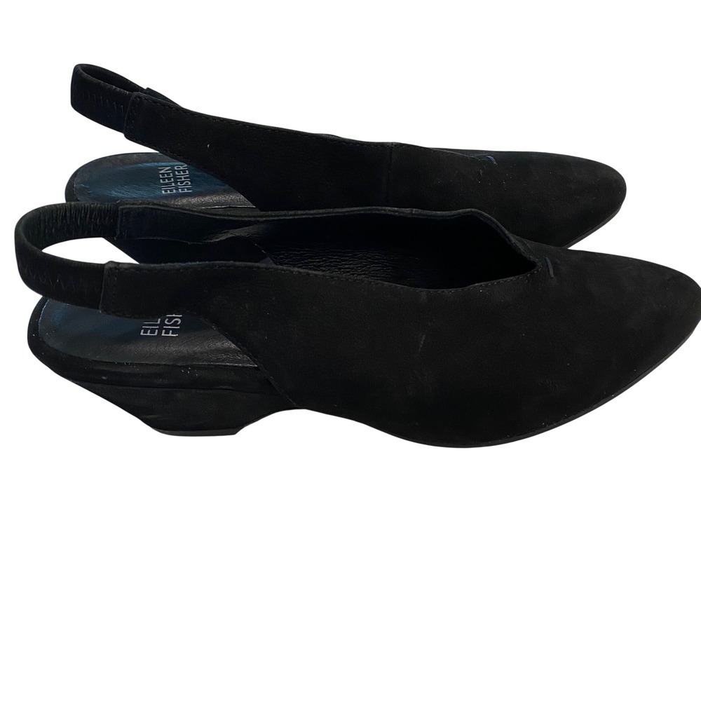 Eileen Fisher Gatwick Black Suede V-Cut Slingback Pointed Toe Pumps Heels 7.5